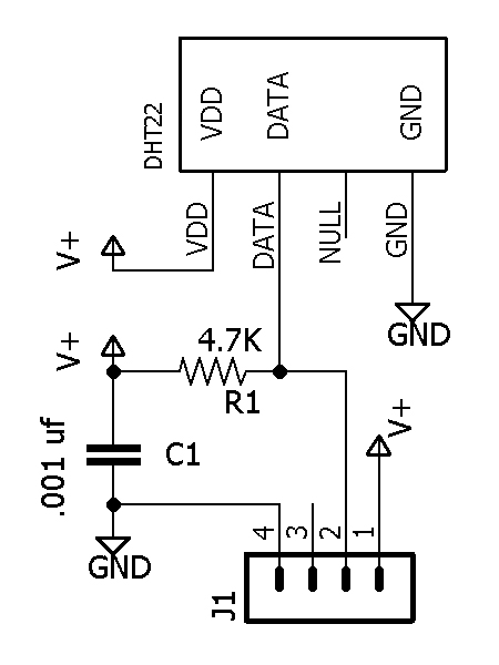 图2。单个DHT22传感器原理图。3个传感器各需要一块单板。