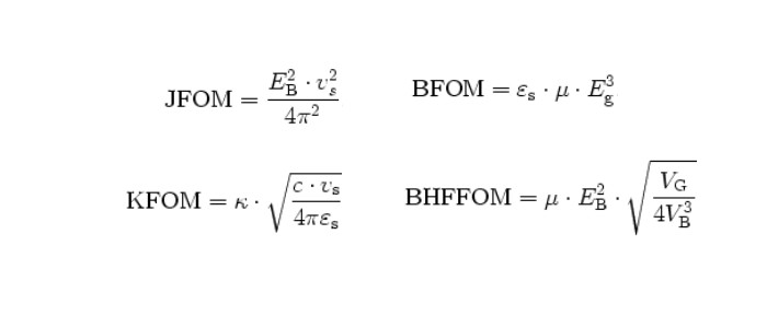 与Johnson、Keyes、Baliga和Baliga高频fom相关的公式