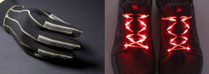 电子纺织品研究的两个例子:针织加热手套(左)和发光电子纱线(右)。