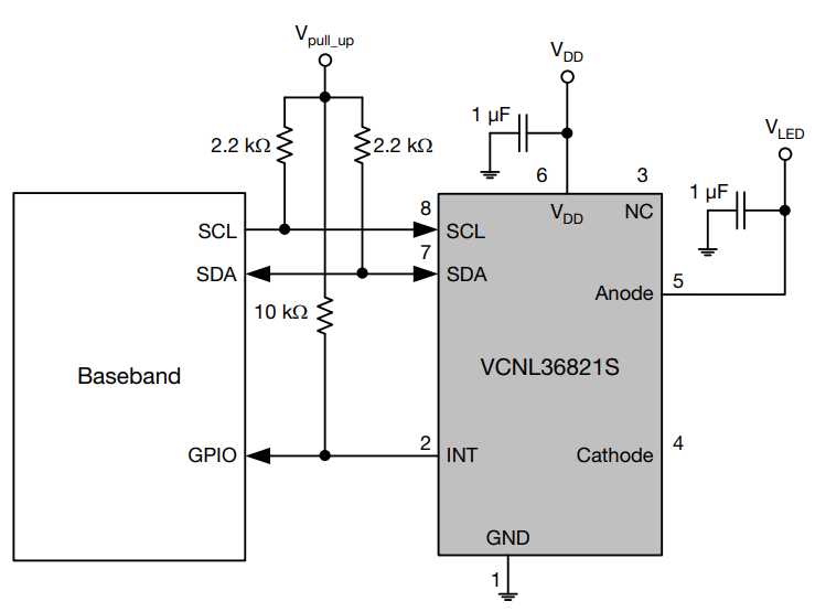 Vishay VCNL36821S1的硬件引脚连接图