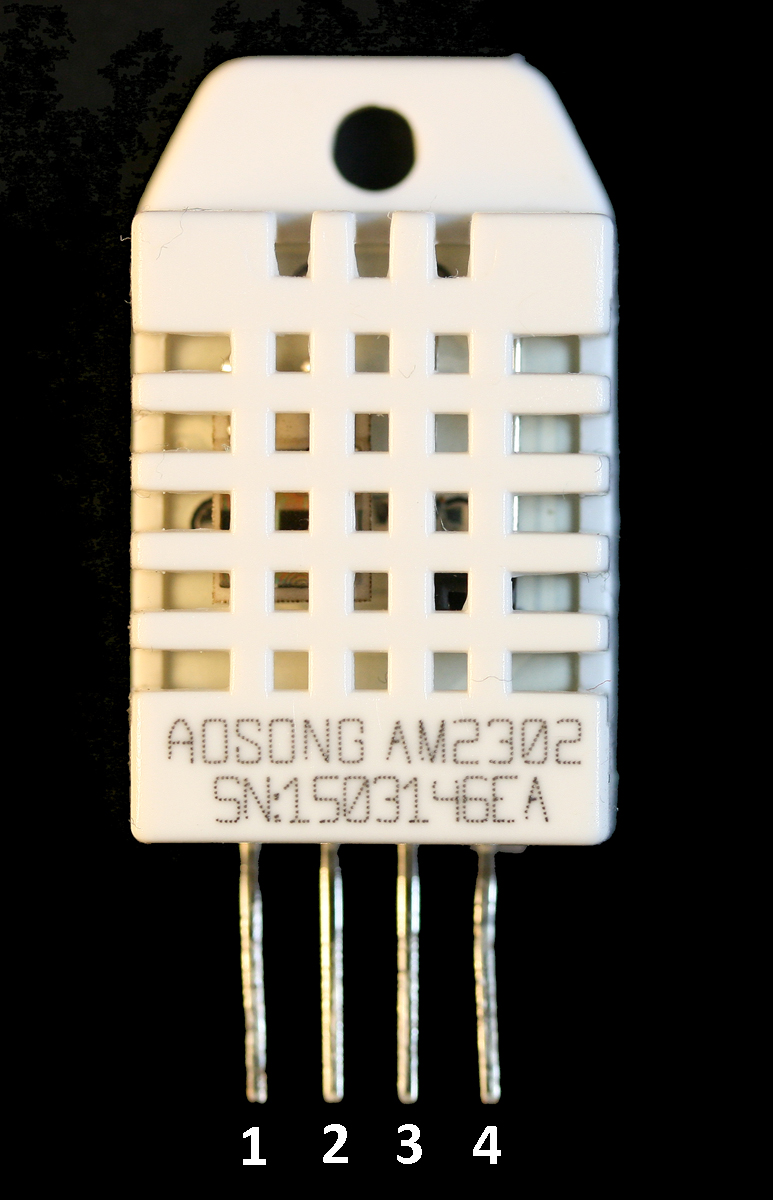 DHT22或AM2302温湿度传感器。引脚:1-Vdd, 2-Data, 3 - n/c, 4-GND。