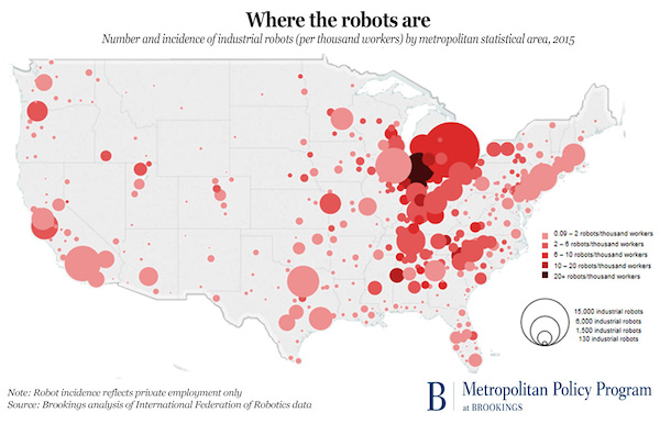根据布鲁金斯学会的分析，美国的机器人中心或城市。