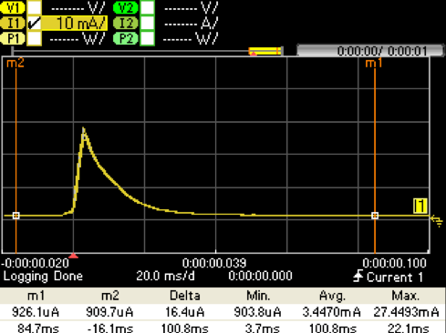 图12.只有降压捕获@ VPS = 2.5 V.IBATT（黄色）