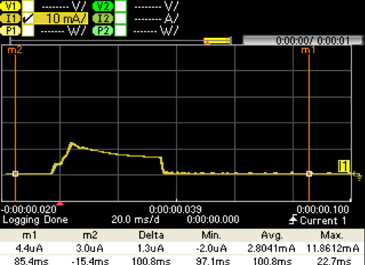 图15.提升引导配置捕获@ VPS = 3.0 V. IBatt（黄色）