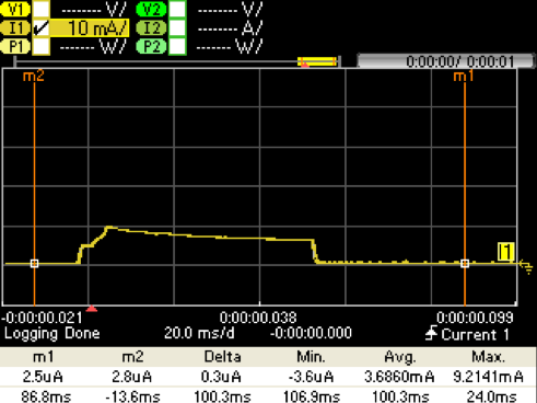 图17.升压引导配置捕获@ VPS = 2.5V。IBATT（黄色）