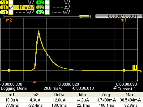 图5.带330μF存储盖的直接电池连接捕获@ VPS = 3.0 V.IBATT（黄色）