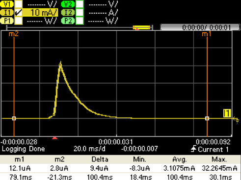图7.带330μF存储盖的直接电池连接捕获@ VPS = 2.5 V.IBATT（黄色）